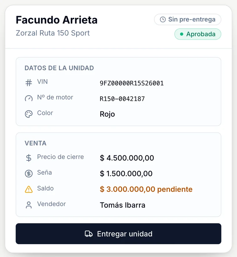 Entrega de la unidad con el saldo pendiente a la vista y el botón Entregar unidad.